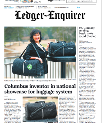 Rashmi J. Hudson is featured on the front cover of the Ledger-Enquirer newspaper. Story outlines her journey, purpose for inventing the Alltimate 3-in-1 Carry-On System that lets people pack their items wrinkle free and avoid lost luggage, expensive checked bag fees and have their essentials when they arrive at their destination.