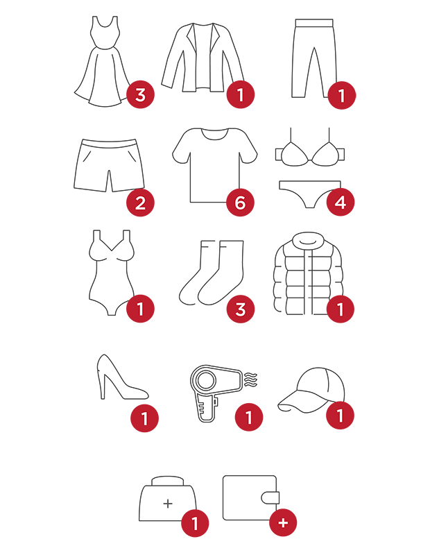 3 hanging items such as dresses and shirts 1 shawl 1 pair of pants 2 pairs of shorts 6 shirts 4 bras 4 pairs of underwear 1 bathing suit 1 jacket 1 pair of shoes 1 hat